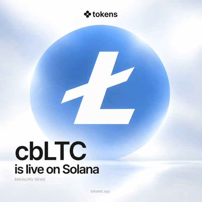 A promotional graphic from tokens.xyz featuring the Litecoin (LTC) logo on a glowing blue sphere announces that "cbLTC is live on Solana" under a "BREAKING NEWS" banner, visually representing the launch of Coinbase's wrapped Litecoin on the Solana network via Sunrise.