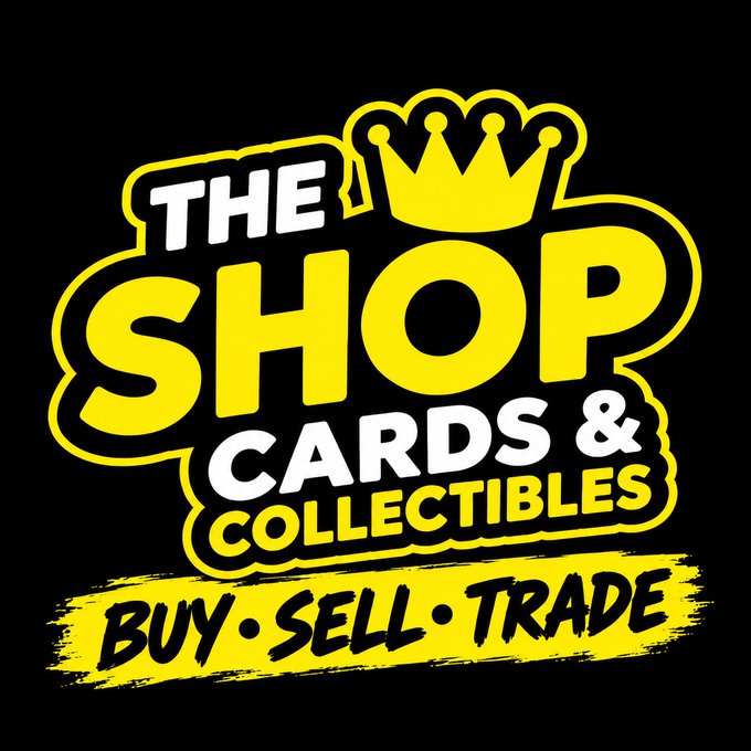 A bold yellow and black logo for "THE SHOP CARDS & COLLECTIBLES" advertises that they "BUY • SELL • TRADE".