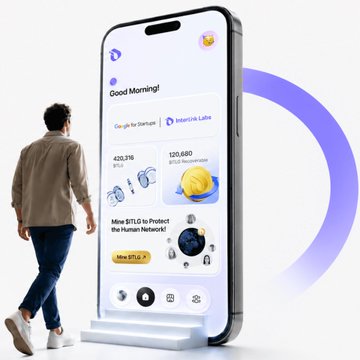 A man walking toward a giant smartphone displaying an app dashboard with 'Good Morning!', 'Withdraw BTC, ETH', a 'Material Labs' logo, and a 'Mine $77.32 to Protect the Human Network' button.