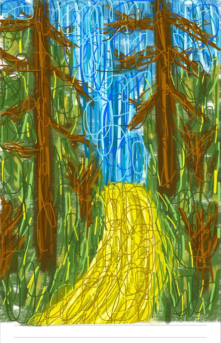 An abstract painting depicting a forest scene with brown tree trunks, green foliage, a yellow path, and blue sky, created with energetic, scribbled brushstrokes.