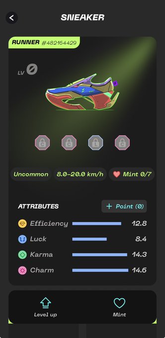 A STEP'N app screenshot of a Runner sneaker (#482164429) with attributes Efficiency 12.8, Luck 8.4, Karma 14.3, and Charm 14.6, with options to level up or mint.