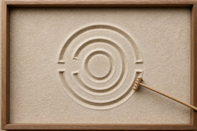 A zen garden sand tray framed in wood features concentric circular patterns raked into fine sand, with a wooden-handled rake resting on the right side.