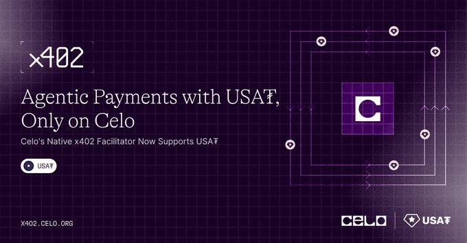 A purple promotional graphic features the Celo logo and text reading "x402", "Agentic Payments with US₳, Only on Celo", and "Celo's Native x402 Facilitator Now Supports US₳", alongside US₳ branding.