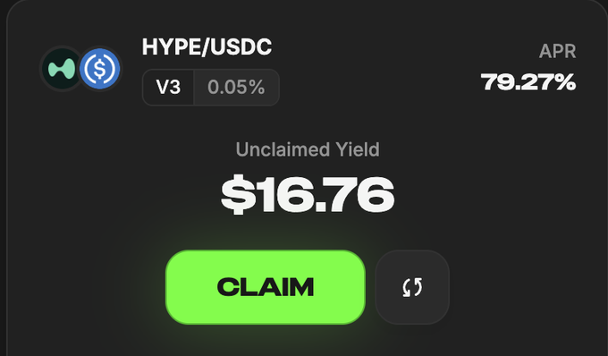 A digital interface showing a HYPE/USDC liquidity pool with a 79.27% APR and $16.76 in unclaimed yield, featuring a green 'CLAIM' button.
