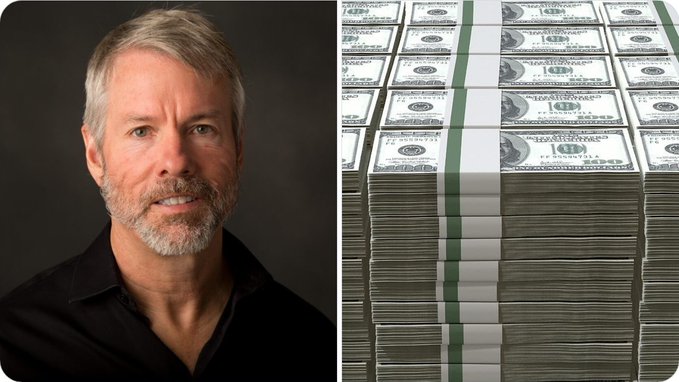 A side-by-side image features a portrait of Michael Saylor alongside stacks of bundled $100 bills, visually illustrating Strategy's $1.2 billion capital raise and $1 billion digital credit buyback program announced in the accompanying post.