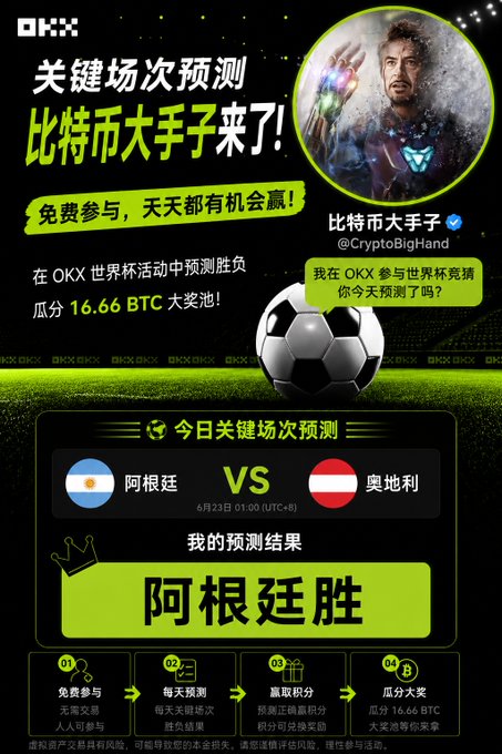 The image features a poster for a soccer match between two teams, with a man holding a soccer ball at the center of the poster. The poster also includes text in Chinese that translates to "XClub 世界杯观赛预测世界杯@okxchinese @okx 中国人类型大奖池". This suggests the poster is promoting a soccer match between two teams from different countries, possibly in China. The post also includes a hashtag and mentions of other people involved in the event or related to it.