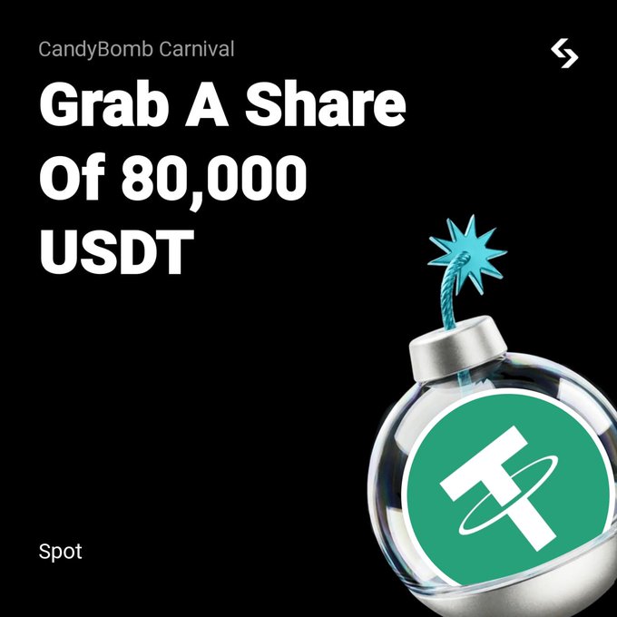A promotional graphic for 'CandyBomb Carnival' featuring a cartoon bomb with the Tether (USDT) logo and the text 'Grab A Share Of 80,000 USDT' against a black background.