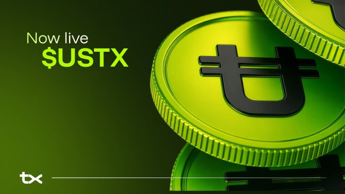 Promotional banner announcing “Now live $USTX,” featuring bright green coin-like tokens bearing a stylized “t” or “tx” mark. It supports the post’s announcement that USTX is available for minting and bringing liquidity to tx, with the visible tx logo and ustx.tx.org reference.