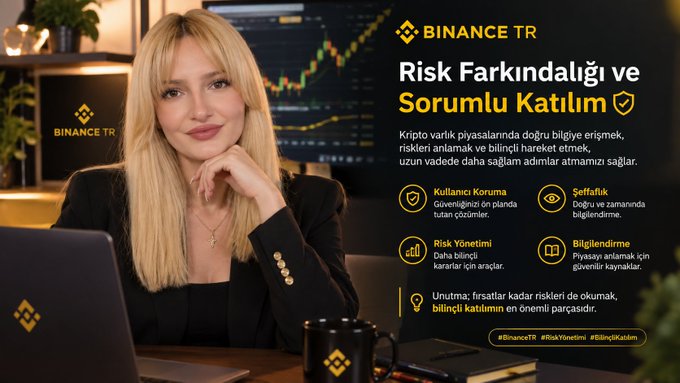 Binance TR promotional image featuring a blonde woman at a desk, with text in Turkish about "Risk Farkındalığı ve Sorumlu Katılım" (Risk Awareness and Responsible Participation), highlighting four key points: Källaçoşızlık (Reliability), Şeffaflık (Transparency), Risk Yönetimi (Risk Management), and Bilgilendirme (Information), with hashtags #BinanceTR #RiskYönetimi #BilinciKatılım at the bottom.