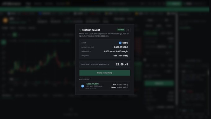 A screenshot of a cryptocurrency Testnet Faucet interface showing 2,000.00 UBCC assets with an option to claim 2,000 UBCC and 1,000 spot + 1,000 margin deposits.