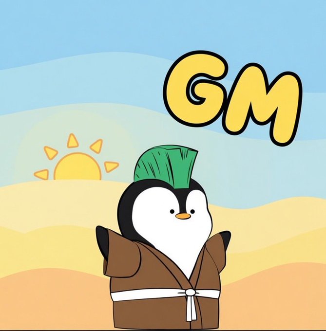 A cartoon penguin with a green mohawk wears a brown robe against a desert sunrise backdrop, with bold "GM" text floating above. The cheerful, zen-like image pairs with the post's optimistic "GM" greeting as the penguin seemingly answers whether belief in NFTs still stands.