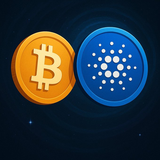 A digital illustration showing a gold Bitcoin coin and a blue Cardano (ADA) cryptocurrency coin placed side by side against a dark, starry background.