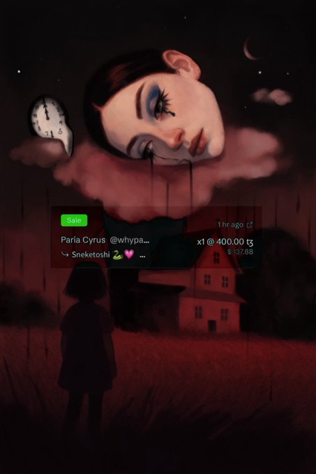 A dark, surreal digital illustration shows a giant female head floating on a cloud above a red landscape with a small girl looking up, overlaid with a crypto 'Sale' notification for 'Paria Cyrus @whypa...' tokens.