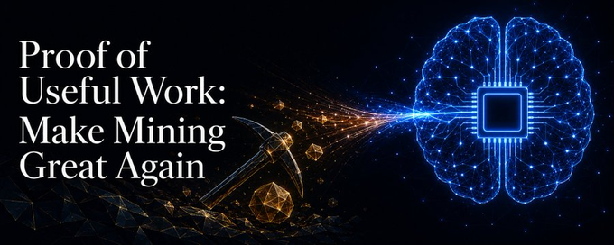 The image features a poster with an illustration of a brain connected to a pickaxe, suggesting a connection between AI technology and mining. The text above the image reads "Proof of Useful Work: Make Mining Great Again", indicating that the poster promotes the idea of using AI for efficient resource extraction in mining operations.