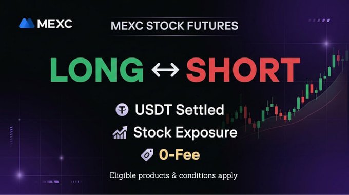 A MEXC promotional banner advertises 'MEXC STOCK FUTURES' with 'LONG ↔ SHORT' trading, highlighting 'USDT Settled', 'Stock Exposure', and '0-Fee' features.
