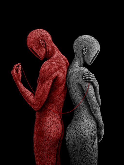 Two stylized, featureless humanoid figures—one red and one grey—stand back-to-back, connected by a thin red string passing through their bodies. The image reflects the "Available on secondary @objktcom" post by functioning as a digital art piece likely being traded as an NFT on the Objkt platform.