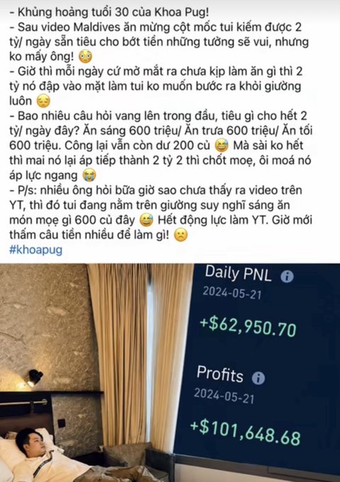 A Vietnamese social media post titled '#khoapug' shows a person lying in bed next to a screen displaying 'Daily PNL 2024-05-21: +$62,950.70' and 'Profits 2024-05-21: +$101,648.68'.