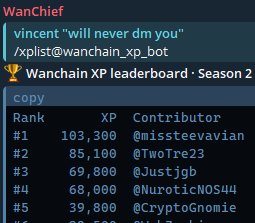 WanChief leaderboard screenshot for Wanchain XP Season 2 showing top contributors including @missteevajan, @TwoTre090, @Justjgb, and @NuroticN0544.
