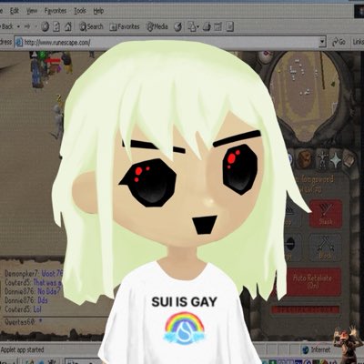 An anime-style character with blonde hair and large black eyes wearing a white shirt that reads 'SUI IS GAY' with a rainbow 'S' logo, displayed over a browser window.