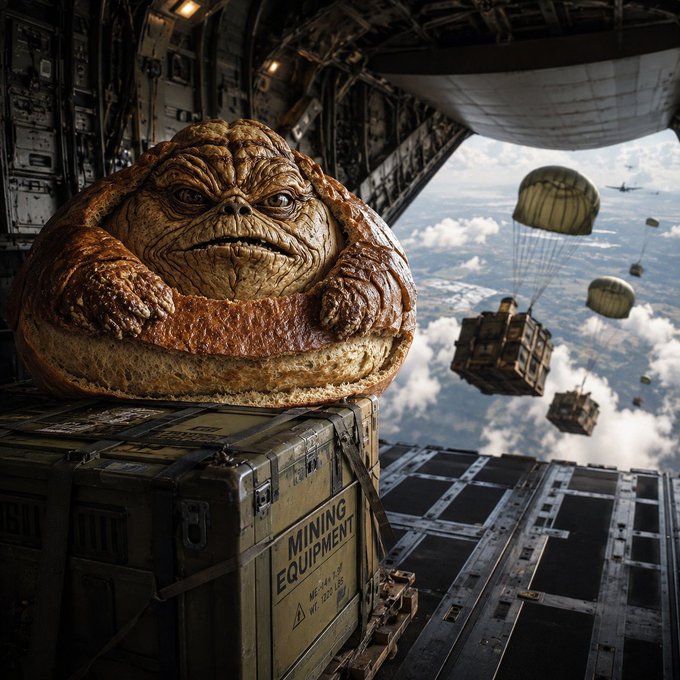 A cinematic scene shows a creature resembling Jabba the Hutt made of bread loaves sitting on a crate labeled 'MINING EQUIPMENT' inside a cargo plane, with parachuting supplies visible in the background sky.