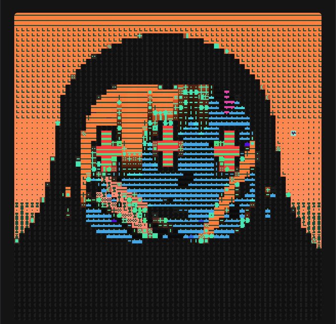 Pixel art/glitch style portrait of a hooded figure with a face obscured by horizontal orange, blue, and red color bands.
