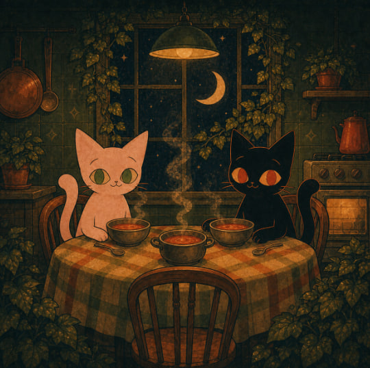 An illustration of two cats, one white and one black, sitting at a table with steaming bowls of soup under a hanging lamp, with a crescent moon visible through a window.