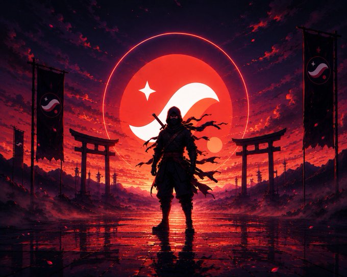The image features a man dressed as a ninja, standing in front of a red circle with a white star at its center. The background includes a dark sky filled with clouds, adding an element of mystery to the scene. There are also two flags present in the image - one on the left side and another on the right side. The post seems to be related to the ninja theme or character, possibly discussing their backstory or other aspects of their role as a warrior.