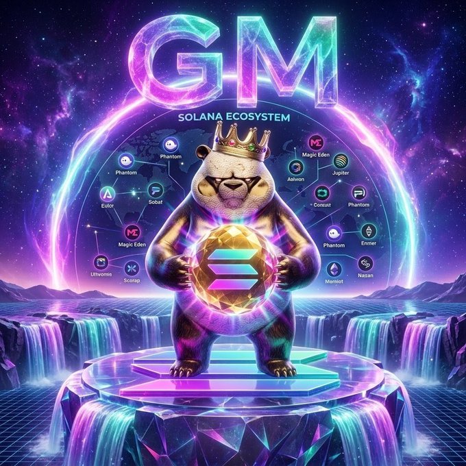 A colorful digital artwork featuring a crowned bear holding a glowing Solana coin, with large neon "GM" text above and "SOLANA ECOSYSTEM" surrounded by various project logos like Phantom, Magic Eden, Jupiter, and Metaplex.