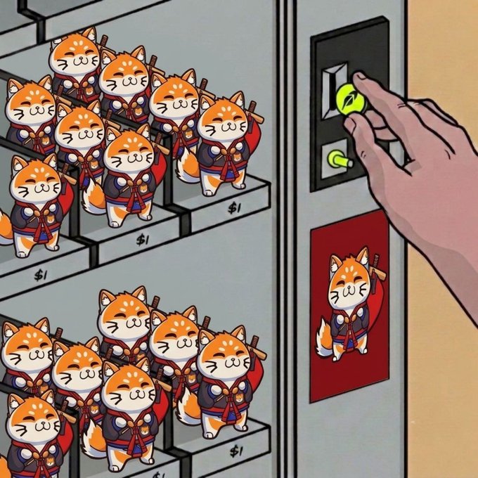 An anime-style illustration of numerous Shiba Inu characters in samurai outfits sitting on $1 bills inside a vending machine, with one being dispensed as a hand presses the button.