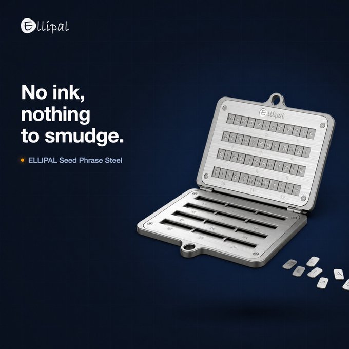 A sleek metal case from ELLIPAL displays stamped seed phrase letters arranged in numbered slots (1-12 and 13-24), visually reinforcing the post's message about durable, smudge-proof crypto seed phrase backup storage.
