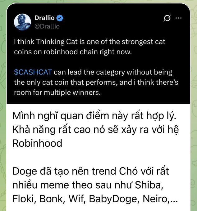 The image shows a tweet from @Drallio identifying "$CASHCAT" as one of the strongest cat coins on the Robinhood chain, noting it could lead the category with room for multiple winners. Below the tweet is Vietnamese text commenting that "Thinking Cat" makes sense as a strong coin on Robinhood, and comparing how Doge sparked a Dog meme trend (Shiba, Floki, Bonk, Wif, BabyDoge, Neiro) — suggesting 2025 may follow a similar pattern for cat coins.