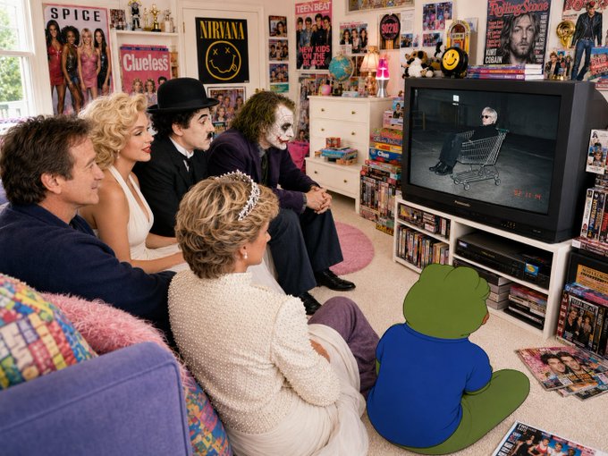 A nostalgic 1990s-themed room with pop culture posters (Spice Girls, Nirvana, Clueless, Rolling Stone), where several costumed figures including characters resembling Marilyn Monroe, Charlie Chaplin, the Joker, and Princess Diana watch TV alongside a cartoon frog character.