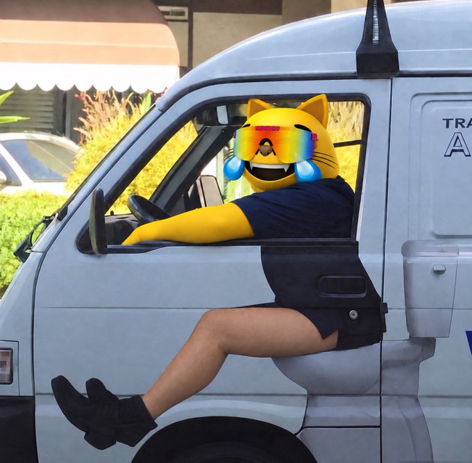 An AI-edited image shows a person in a black shirt sitting in the driver's seat of a white van, with their head replaced by a rainbow-tears laughing cat emoji.