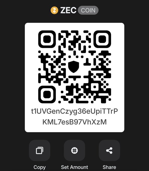 A ZEC (Zcash) cryptocurrency QR code displayed on a mobile app screen with the address "t1UVGenCzyg36eUpiTTrPKML7esB97VhXzM" and Copy, Set Amount, and Share buttons.