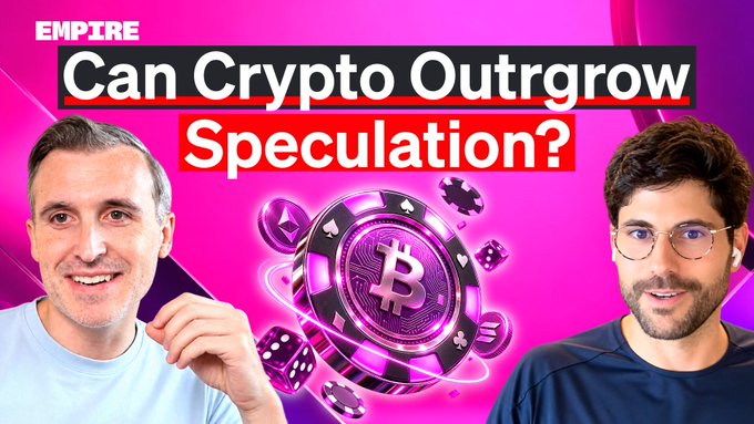 A YouTube thumbnail titled "Can Crypto Outgrow Speculation?" from the Empire podcast, featuring two men on either side of a casino-style Bitcoin chip with dice and card suit icons against a vibrant pink/purple background, promoting an episode covering crypto adoption, memecoins, and Pump.fun with guests Jason Yanowitz and Santiago Roel.