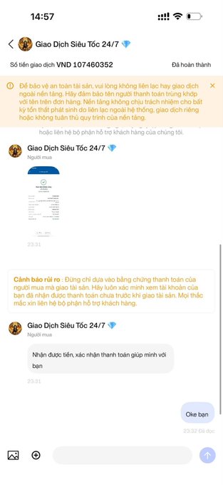A Telegram conversation in Vietnamese with 'Giao Dịch Siêu Tốc 24/7' (Super Fast Trading 24/7) discussing a VND 1,074,603,52 transaction, with warnings about counterparty risk and requests for proof of payment.