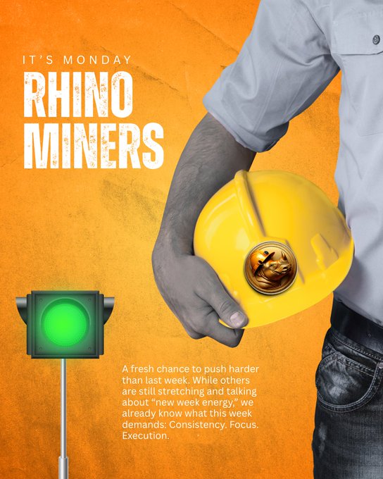 A motivational poster titled 'IT'S MONDAY RHINO MINERS' showing a hand holding a yellow hard hat with a rhino emblem, beside a green traffic light, with text about consistency and execution.