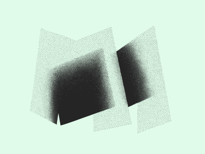 An abstract art piece composed of black stippled/dotted shapes on a pale mint green background, resembling folded or layered planes.