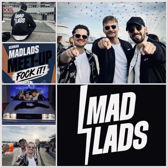 A collage of photos from a 'MADLADS' German meet-up event, featuring three men pointing at the camera, merchandise, and the 'MADLADS' logo with 'German Meet-Up Fock iT!' text.