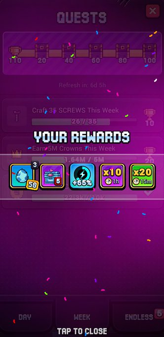 A colorful pixel-art game screenshot showing a 'QUESTS' screen with progress bars and a 'YOUR REWARDS' popup displaying icons for 50 coins (blue gem), a 5-pack purple item, a +66% blue lightning item, x10 purple gems, and x20 green gems at '1.5M'.