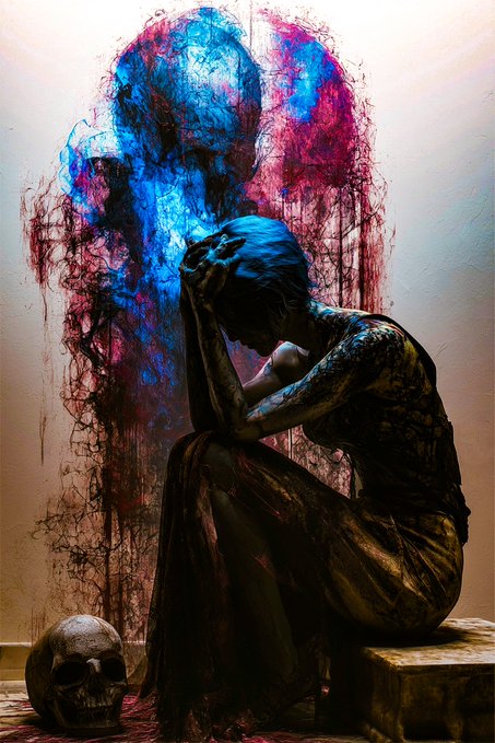 A dark, surreal artwork shows a grieving figure sitting on a box beside a skull, with blue and red smoke billowing above them.
