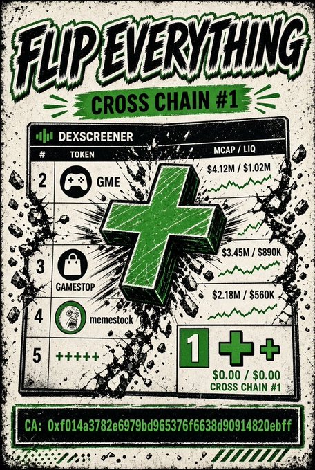 A retro-styled promotional graphic titled "FLIP EVERYTHING CROSS CHAIN #1" featuring a Dexscreener table listing tokens like GME, GAMESTOP, and memestock, along with a contract address starting with "CA: 0xf014a3782e6979bd965376f6638d90914820ebff".