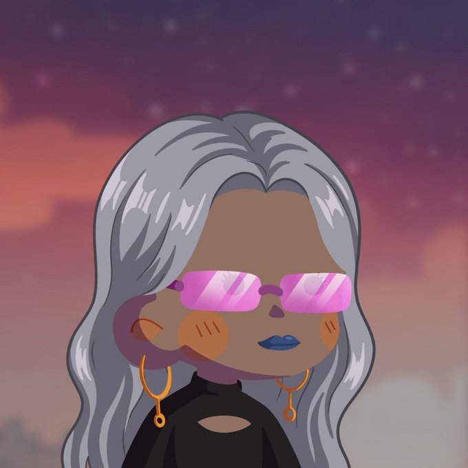 Stylized cartoon portrait of a woman with silver wavy hair, pink reflective sunglasses, blue lipstick, and gold hoop earrings against a pinkish starry sky background.
