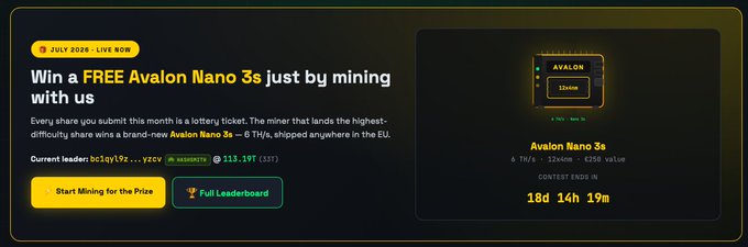 A promotional banner for a 'JULY 2026 - LIVE NOW' contest to 'Win a FREE Avalon Nano 3s' by mining, showing a current leader with a hashrate of 113.19T and a contest end countdown of 18d 14h 19m.