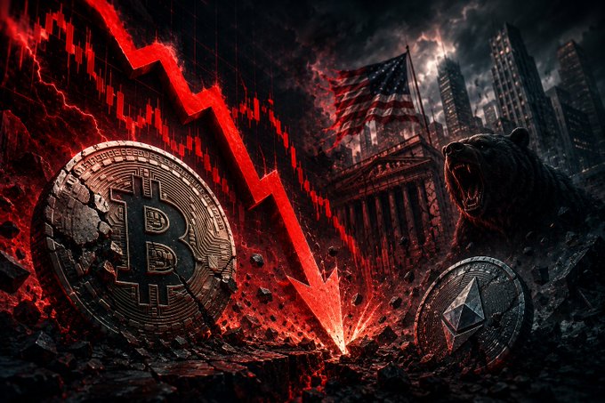 A dramatic red-tinted scene shows a large cracked Bitcoin coin and a smaller Ethereum coin amid rubble, with a bearish red price chart crashing downward toward a bear statue roaring in front of a financial building under a stormy American flag—visually capturing the post's depiction of a brutal crypto market sell-off with BTC near $59K, ETH at $1,540, and Fear & Greed at 13 (pure capitulation).