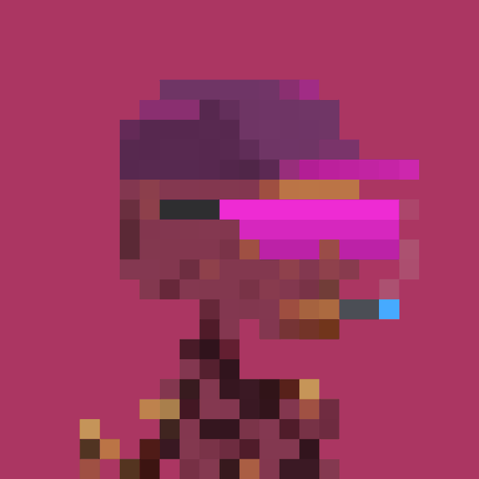 A heavily pixelated and color-inverted/filtered version of the same character sprite, now rendered in shades of magenta, purple, and dark red.