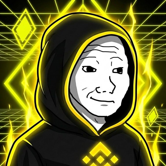 The image features a cartoon character wearing a hooded sweatshirt with a yellow diamond symbol, which is part of a larger design that includes a fire element. The background consists of a grid pattern filled with yellow diamonds, creating an abstract and futuristic atmosphere. The caption at the bottom of the image reads "Hello binance US patriots. the internet’s most iconic meme is coming soon. $WOJAK". This suggests that there might be a connection between the character's design and a popular meme or trend in the gaming community, possibly related to Bitcoin or cryptocurrency.