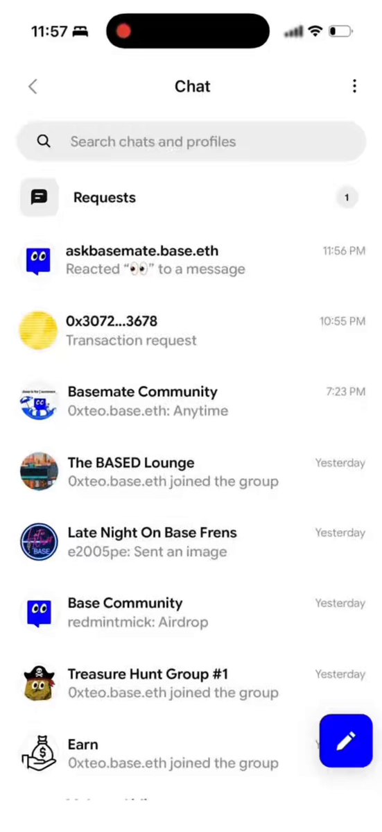 The image shows a phone screen displaying a list of chat messages, including one for Basemate Base. The user has just launched a new chat with Basemate Base and is now waiting for responses from the group. There are several chat messages on the screen, each containing different information about the chat or its participants.