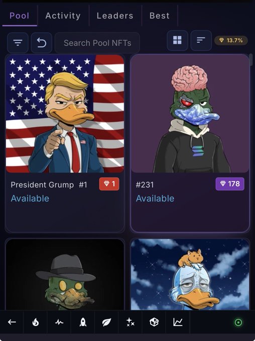 A mobile NFT marketplace app displays a 'Pool' tab featuring cartoon-style digital collectibles including 'President Grump #1' priced at 1 and '#231' priced at 178.