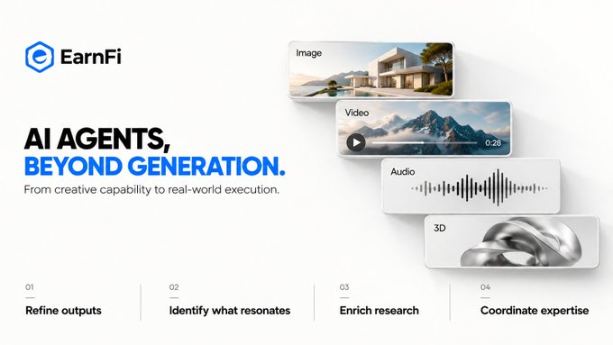 An EarnFi promotional graphic titled "AI AGENTS, BEYOND GENERATION" with the subtitle "From creative capability to real-world execution," featuring cards labeled Image, Video, Audio, and 3D, along with four steps: 01 Refine outputs, 02 Identify what resonates, 03 Enrich research, 04 Coordinate expertise.